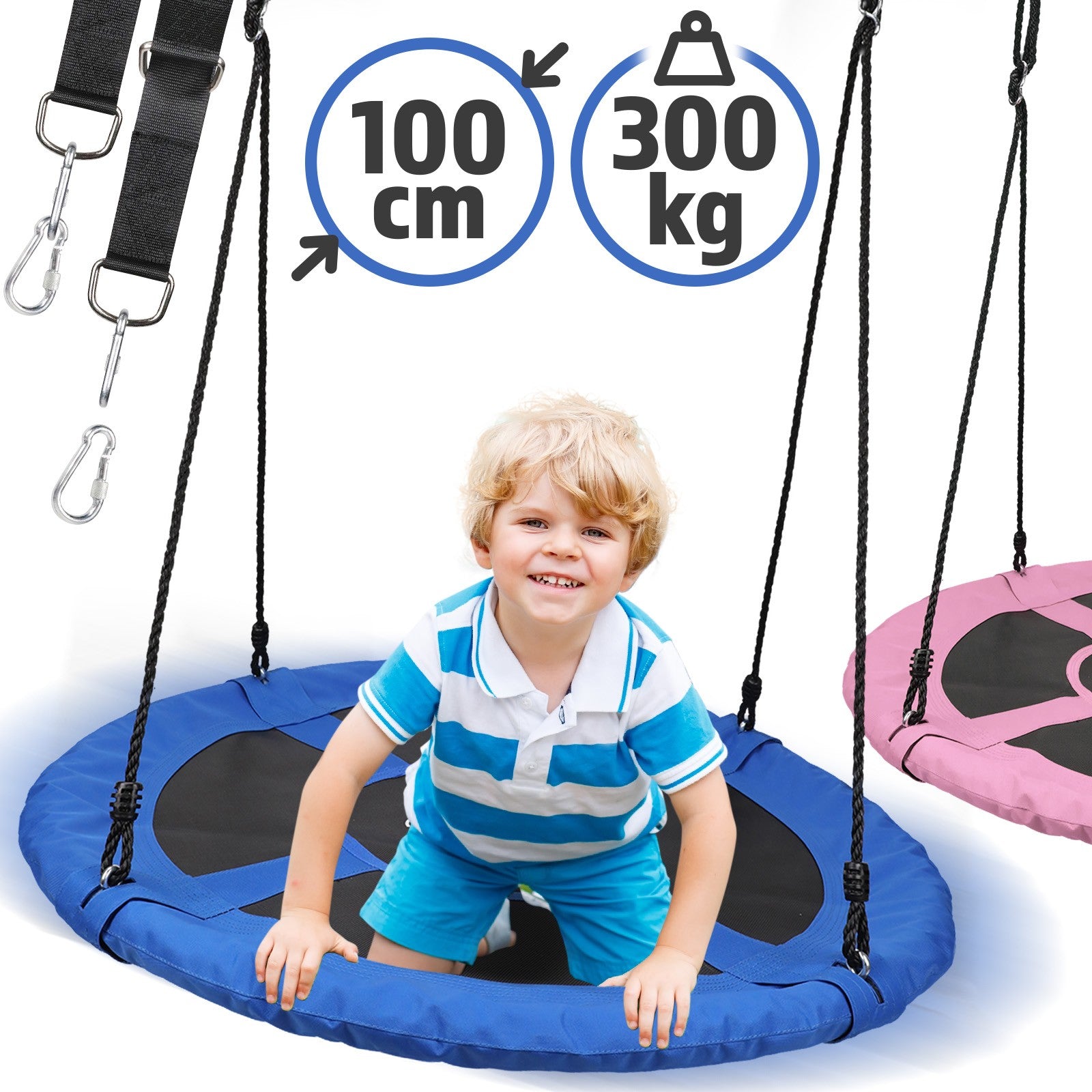 Se Gynge til børn/voksne, udendørs/indendørs, op til 300 kg bæreevne, Ø 100 cm, Oxford stof, blå hos Lammeuld.dk