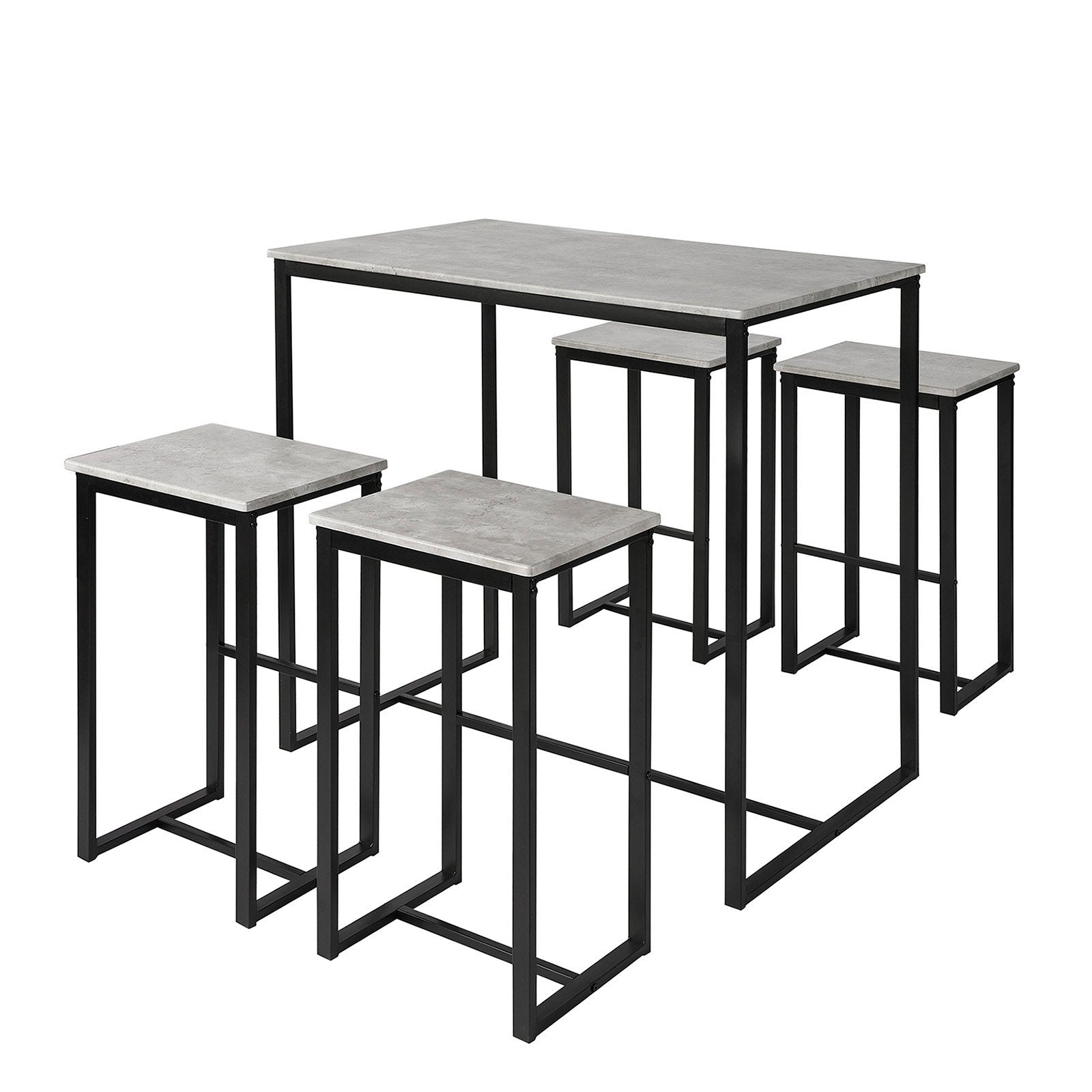 Se Sæt med højt bord og 4 stole - barbord i træ og metal, betongrå hos Lammeuld.dk