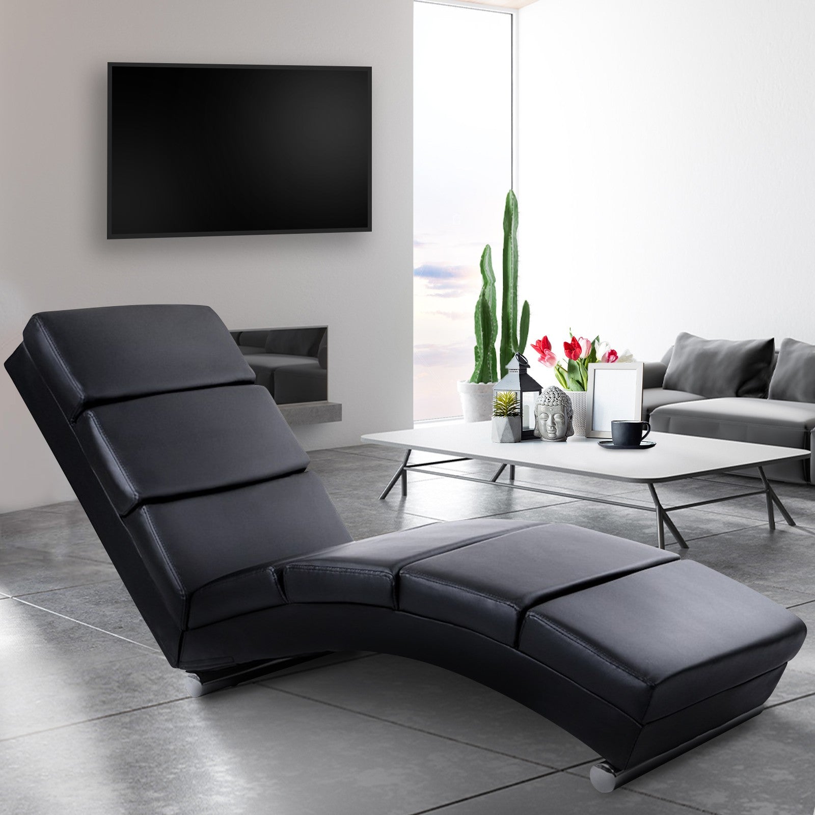 Billede af Afslapningsstol - ergonomisk, polstret, 154x51x73 cm, imiteret læder, sort