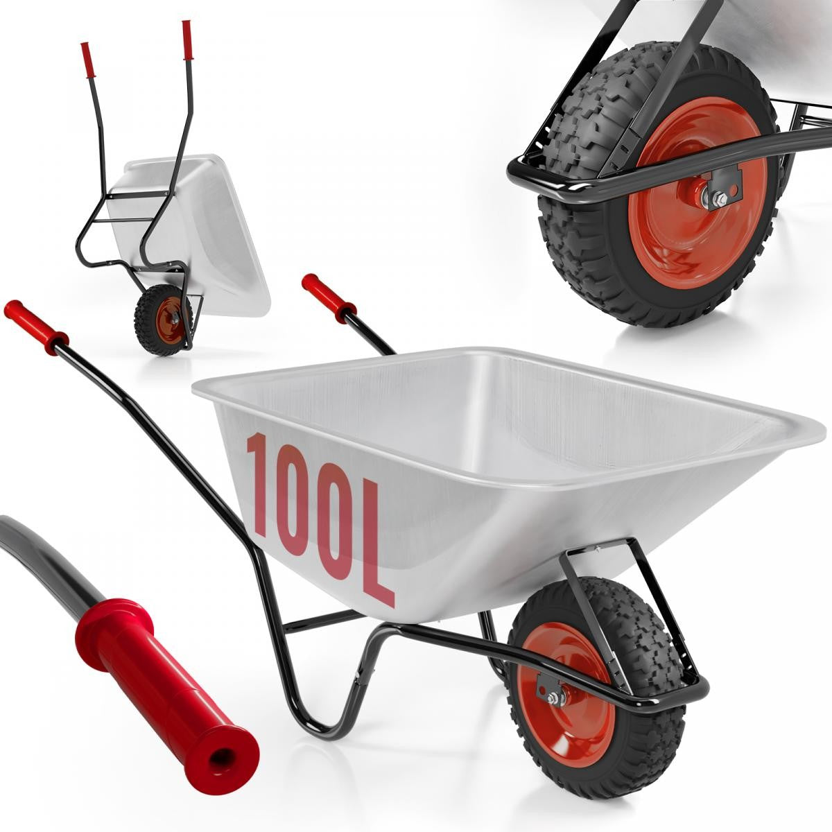 #3 - Trillebør - Galvaniseret, med pneumatiske dæk, tipfunktion, 100 liter, 210 kg, rød