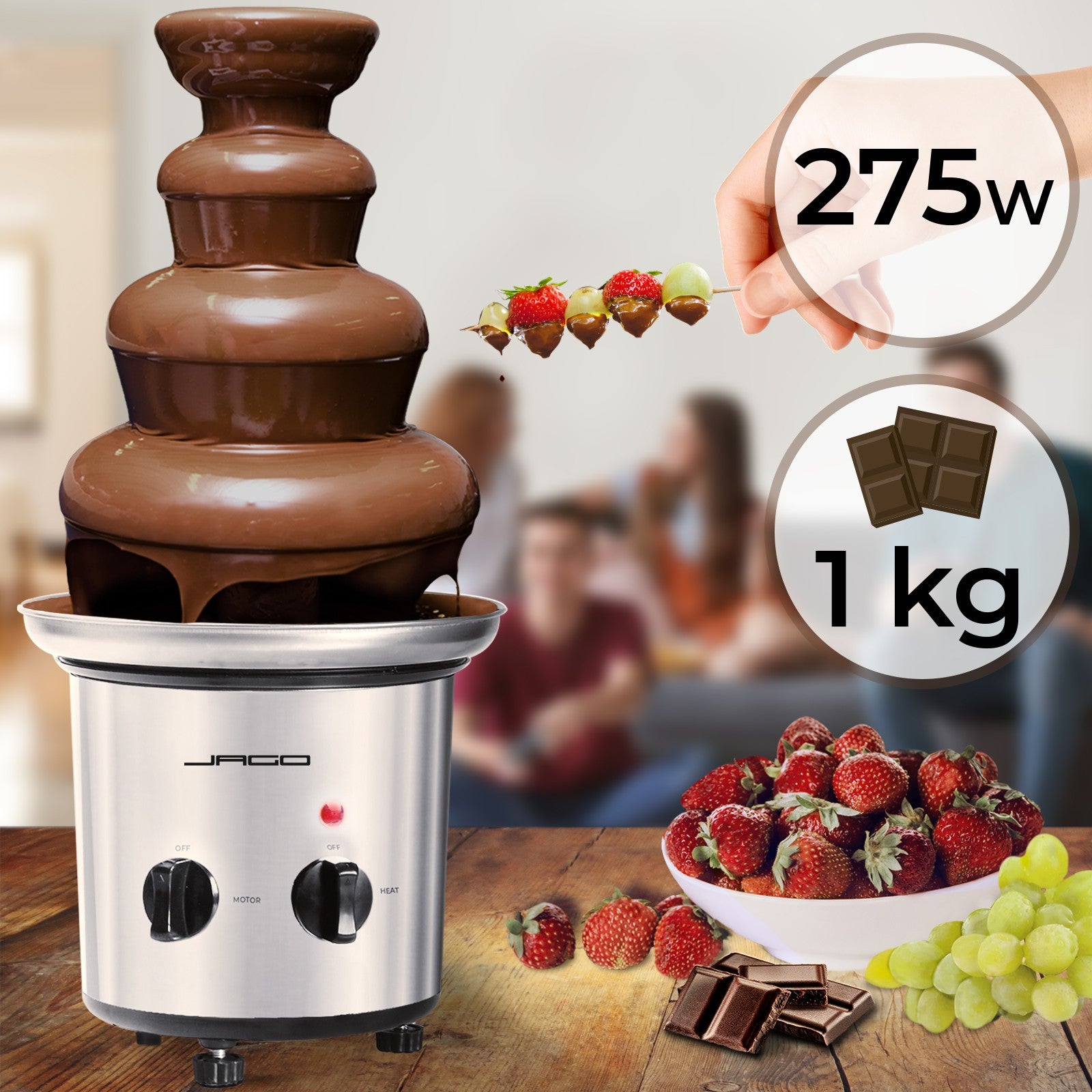 Se Chokoladefontæne 275W - 4 Etager, Maks. 1 kg Chokoladekapacitet, sølvfarvet hos Lammeuld.dk