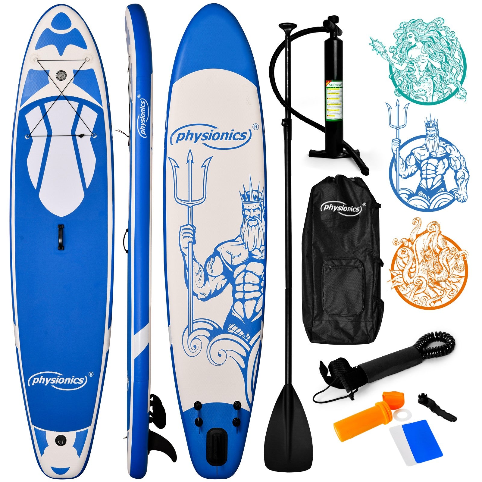Billede af Stand Up Paddle Board - 320 x 80 x 15 cm, oppustelig, justerbar pagaj, håndpumpe med trykmåler, snor, rygsæk, reparationssæt, blå