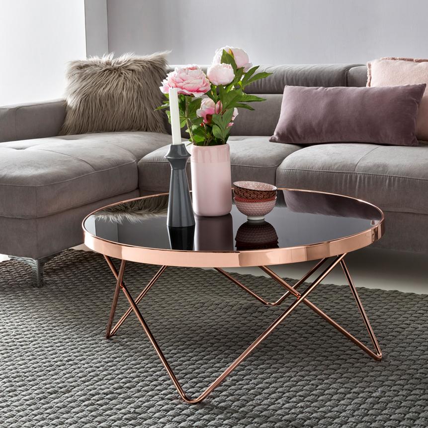 Se Sofabord i metal og glasplade, glam-stil, kobberfarvet og sort hos Lammeuld.dk