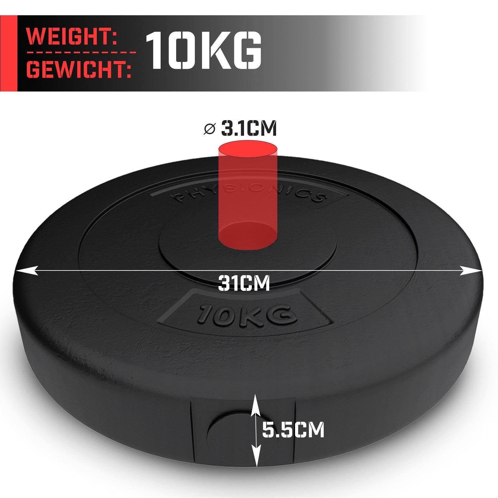 Vægtskiver - 2 x 10 kg, Ø 31 mm, plastik, sorte