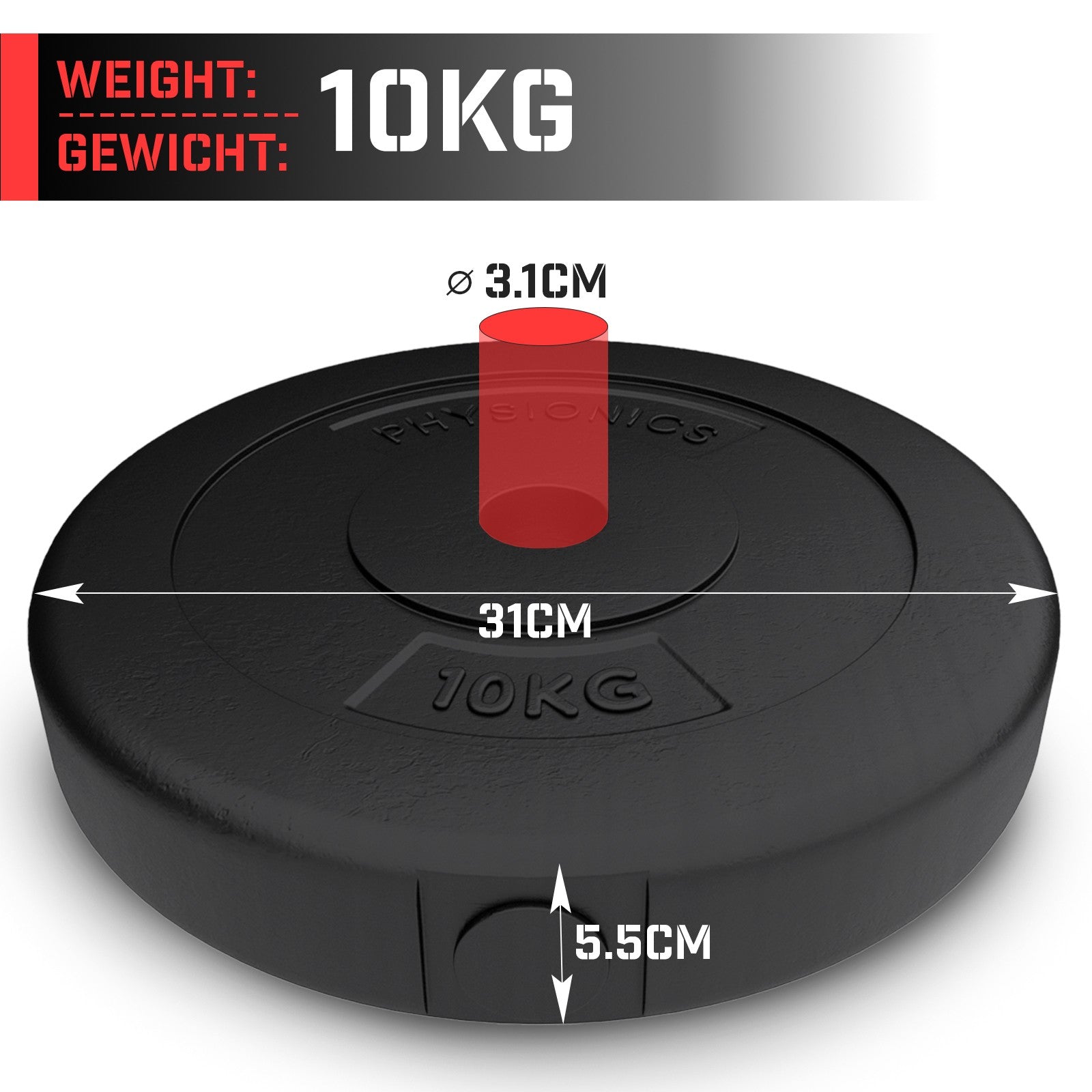 Vægtskiver – 2 x 10 kg, Ø 31 mm, plastik, sorte