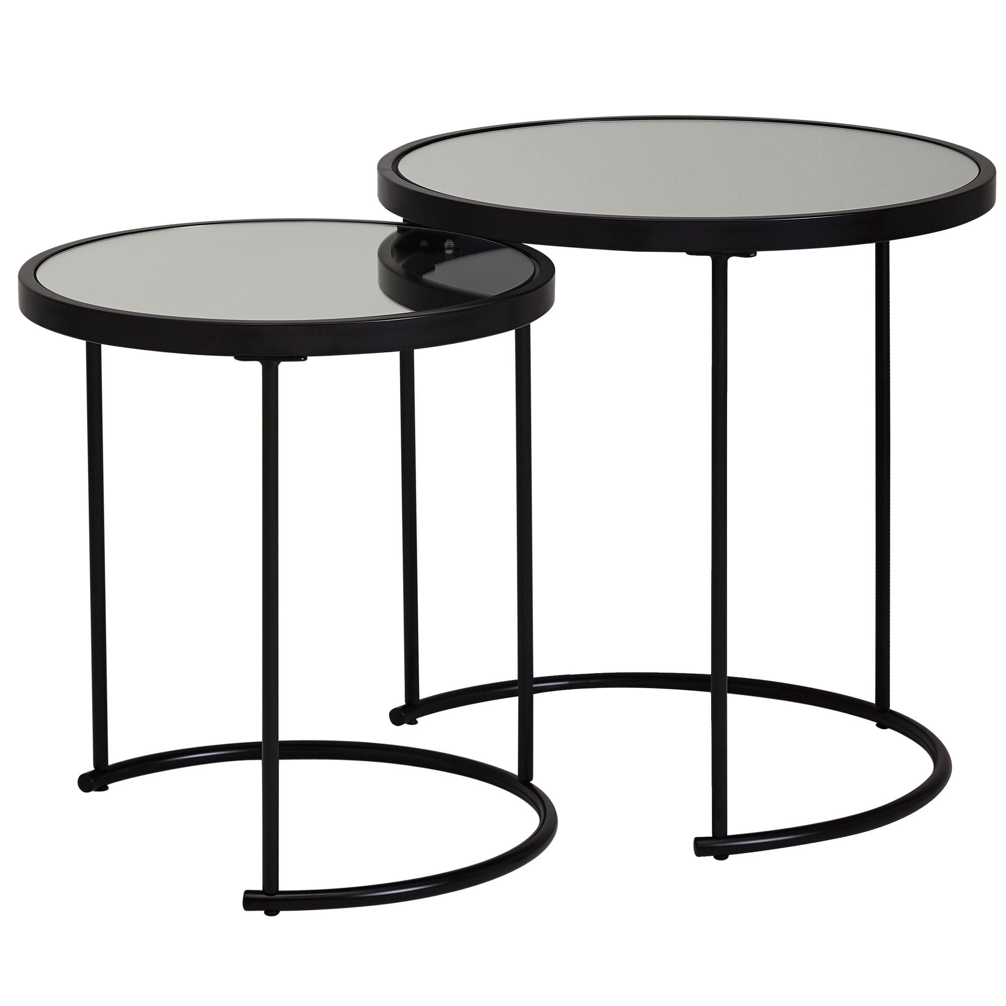 Se 2 x runde sofaborde / indskudsborde med bordplader i sort spejlglas, ramme sort hos Lammeuld.dk