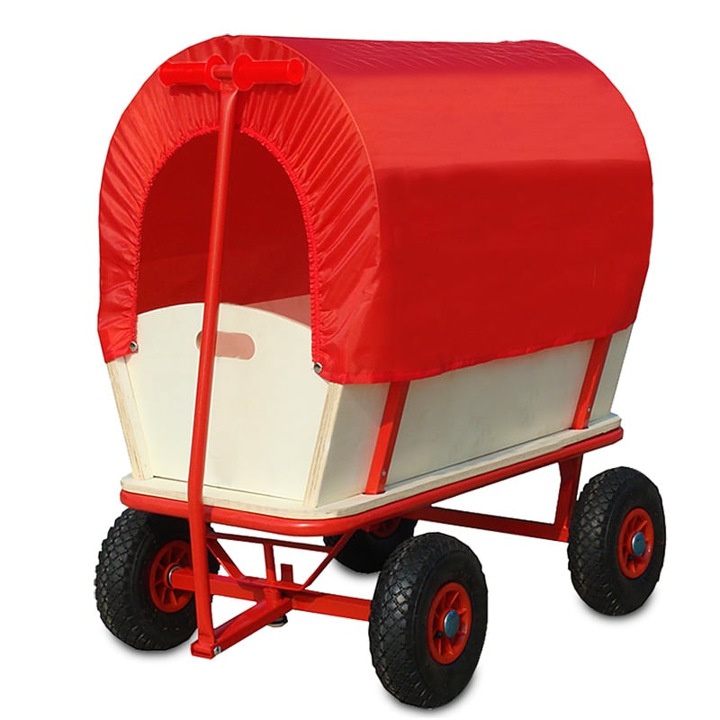Trævogn med beskyttelsestag, 172 x 62 cm, rød baldakin