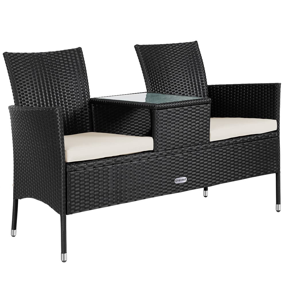 Polyrattan havebænk med bord sort 143x55x88cm