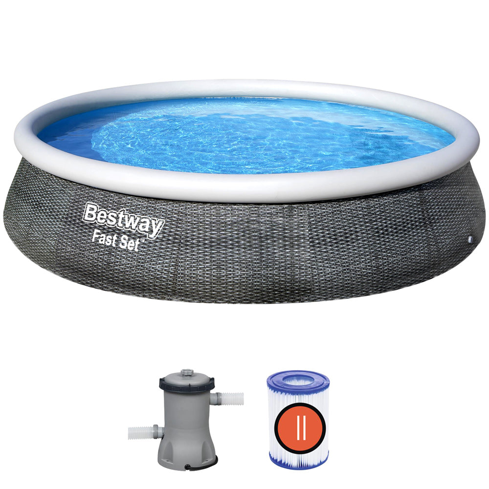 Se Fast Set Pool Swimmingpool runde rattan optik + filterpumpe 396x84 hos Lammeuld.dk