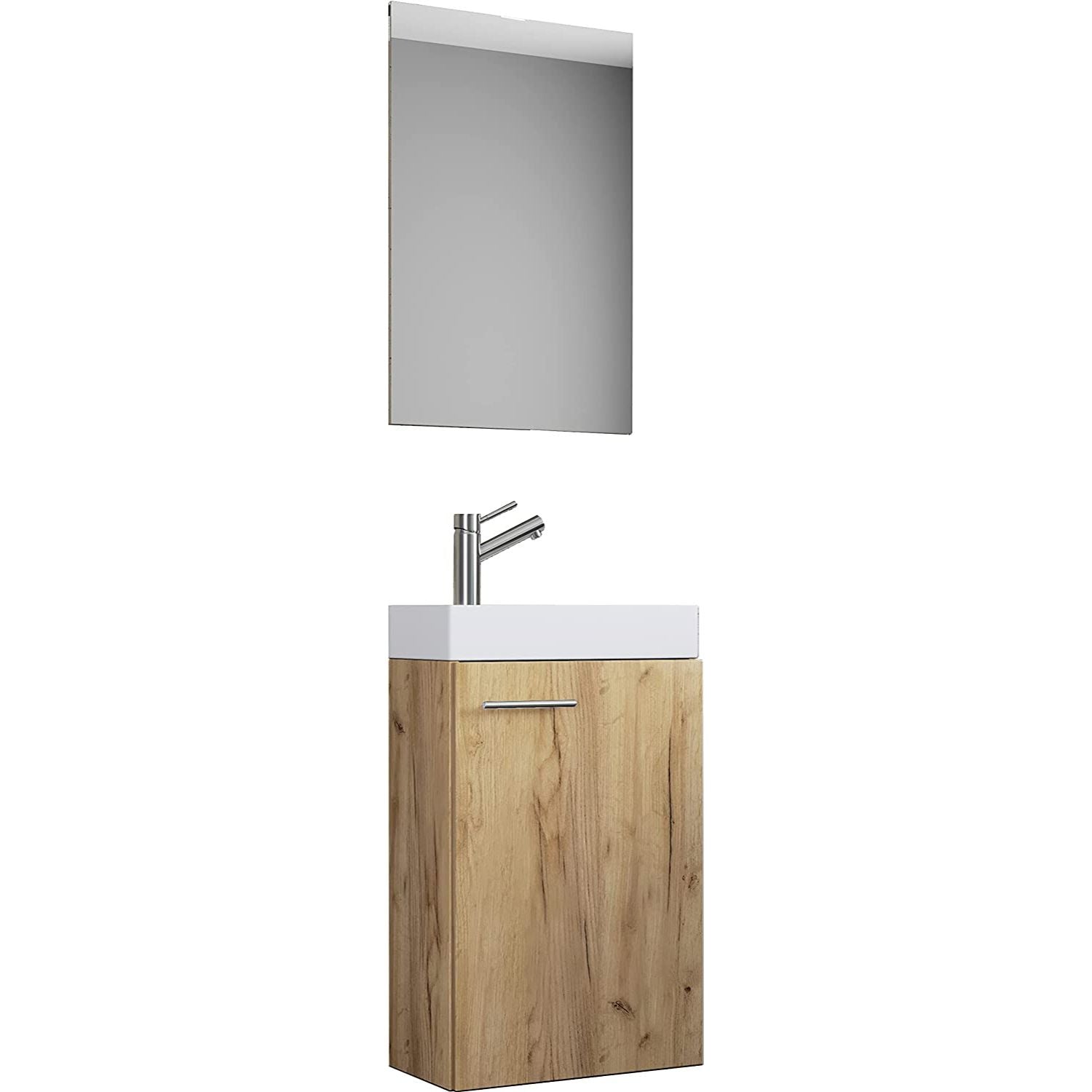 Billede af Badeværelsessæt med underskab, spejl og keramisk vask, 70 x 41 x 22 cm, farve: naturfarvet honning eg