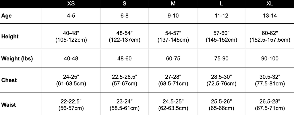 kids' size chart