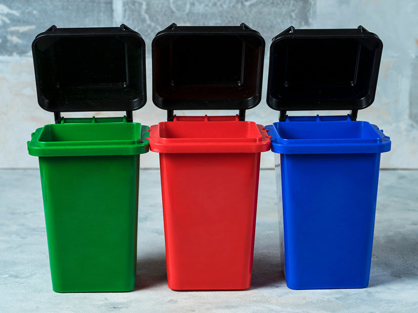 green red and blue garbage bins