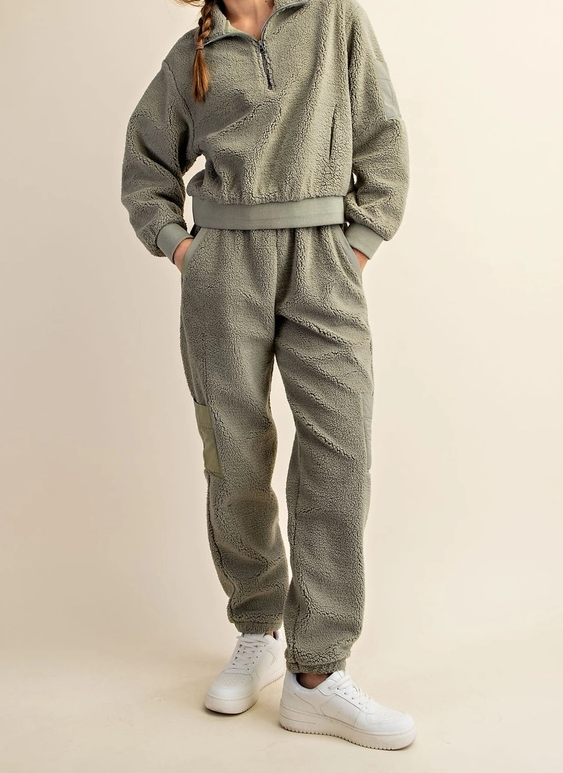 Sherpa Top and Sweatpants Set - Sage