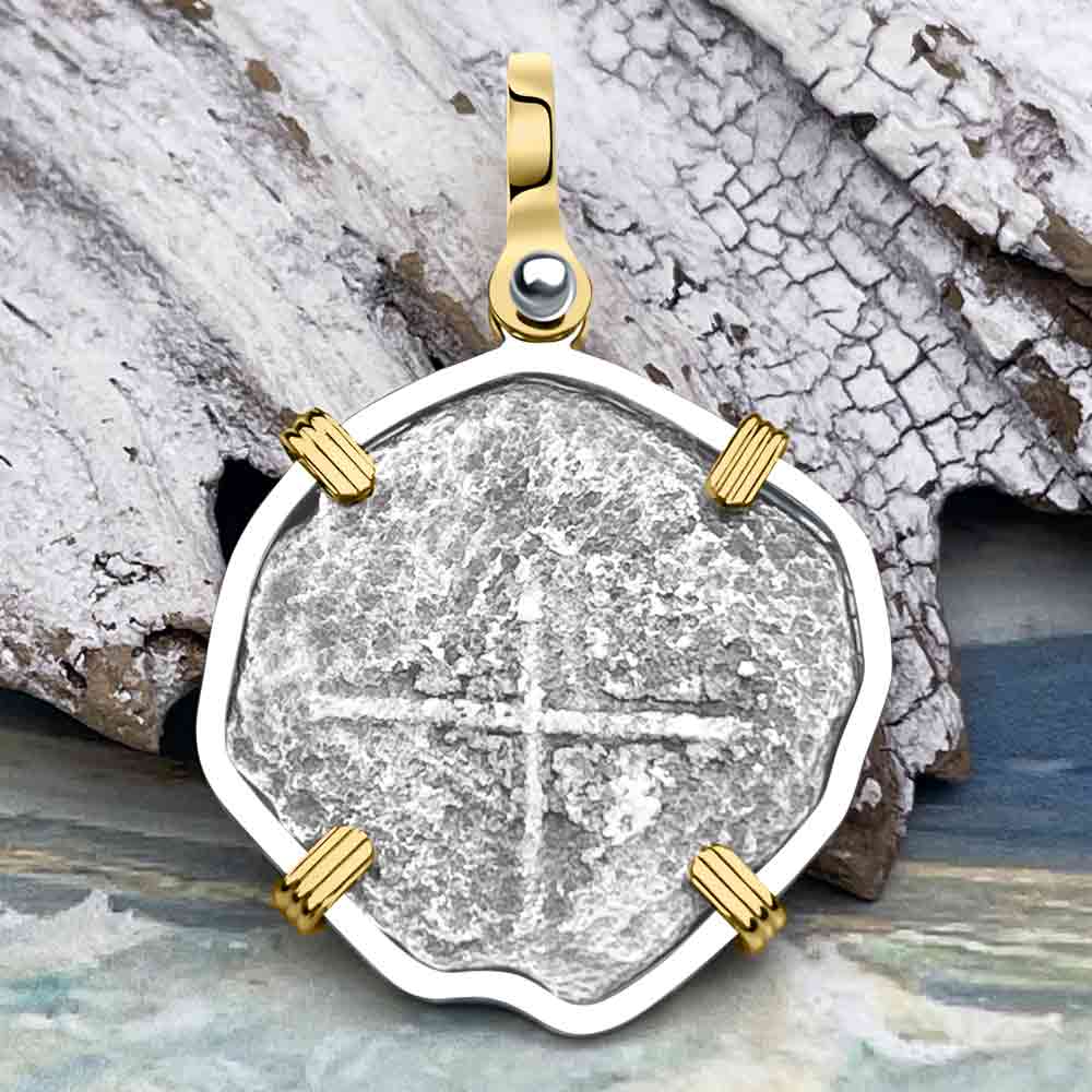 RARE Hand Signed Mel Fisher's Atocha 4 Reale Shipwreck Coin 14K Gold and Sterling Silver Pendant | Artifact #8104