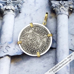 El Cazador Shipwreck Spanish Treasure Coin 1761 2 Reale Pillar Dollar 18K Gold and Sterling Pendant