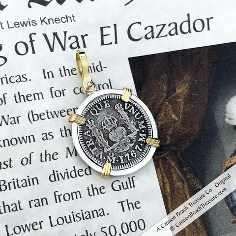 El Cazador Shipwreck Spanish Treasure Coin 1767 2 Reale Pillar Dollar 18K Gold and Sterling Pendant
