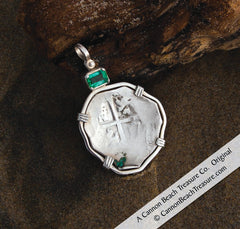 1715 Fleet Spanish 8 Reale Shipwreck Coin in Sterling Silver and Emerald Pendant