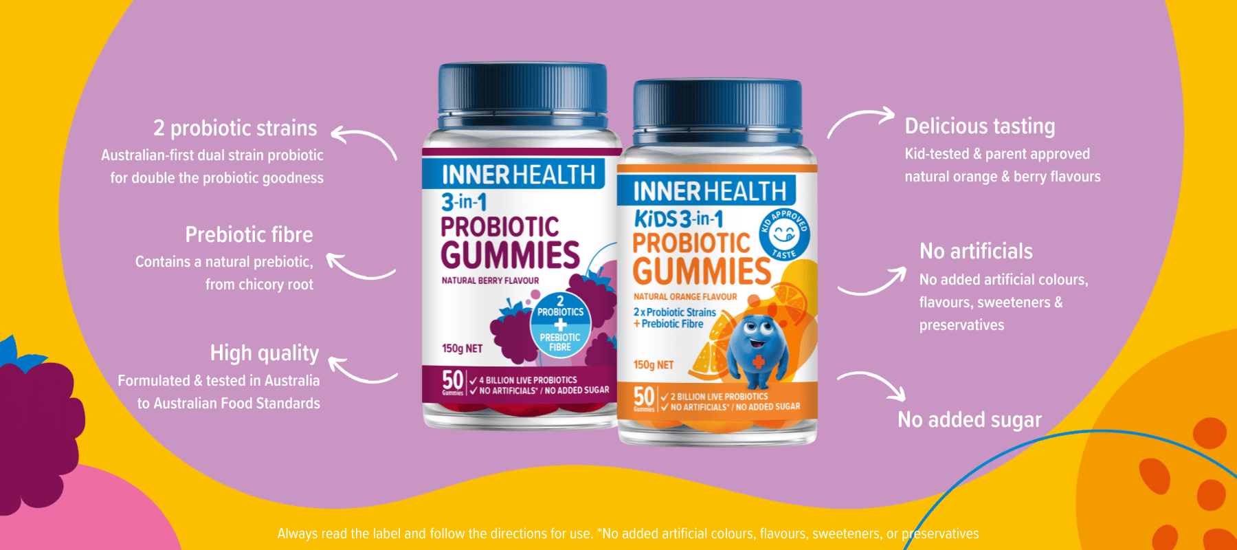 Infographic of Inner Health probiotic gummies showing key features.