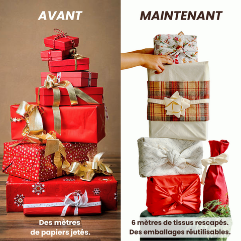 Emballage cadeau tissu reutilisable ecolo zero dechet noel rouge