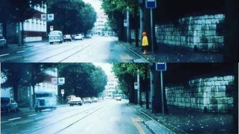 Two photos showing a child crossing a road on a damp, dark day