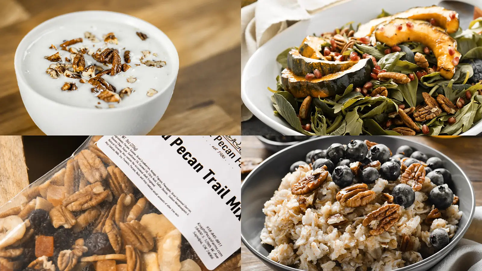 Photos of pecan recipe ideas for oatmeal, salad, yogurt and trail mix