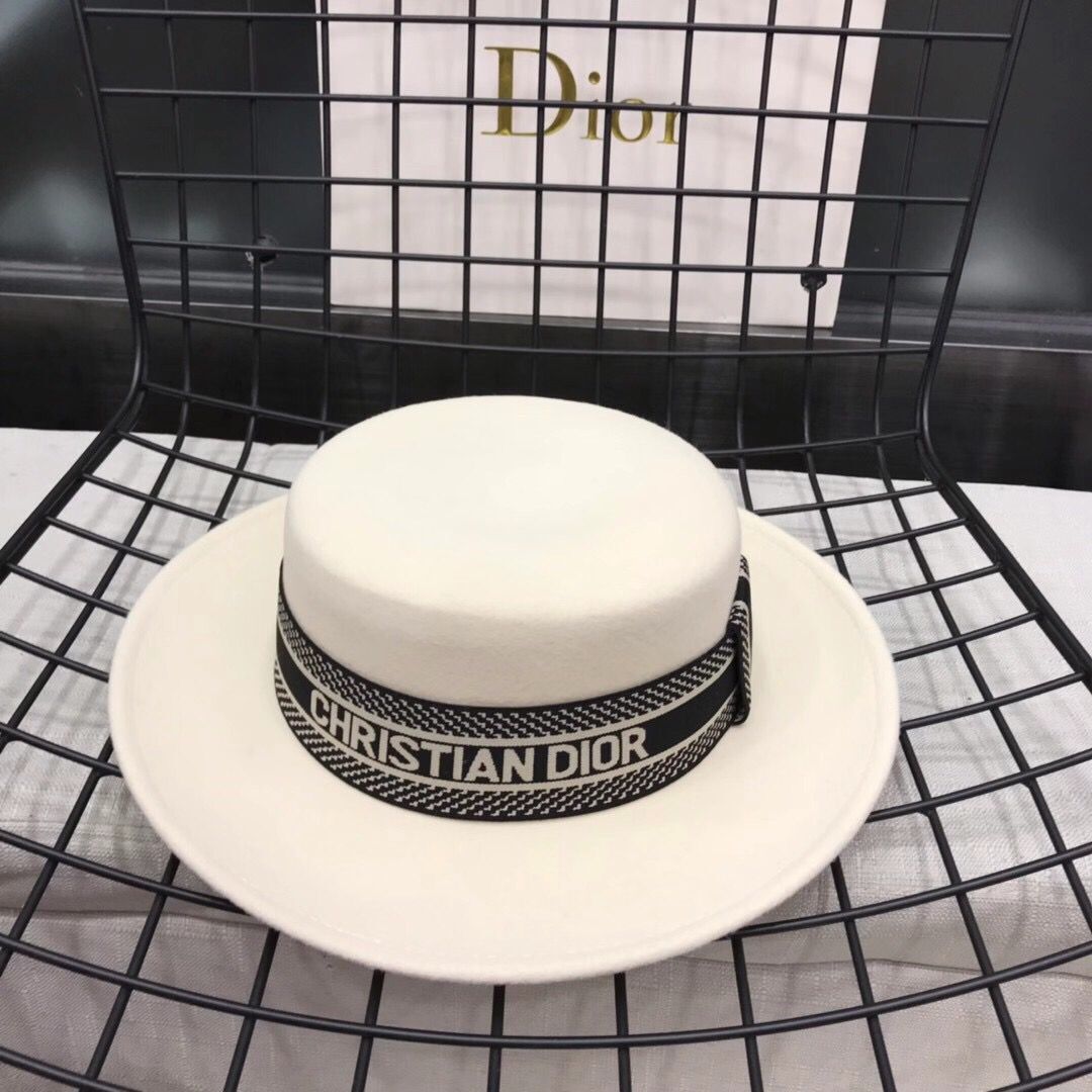 Dior new color matching letter printed wool flat top wide hat