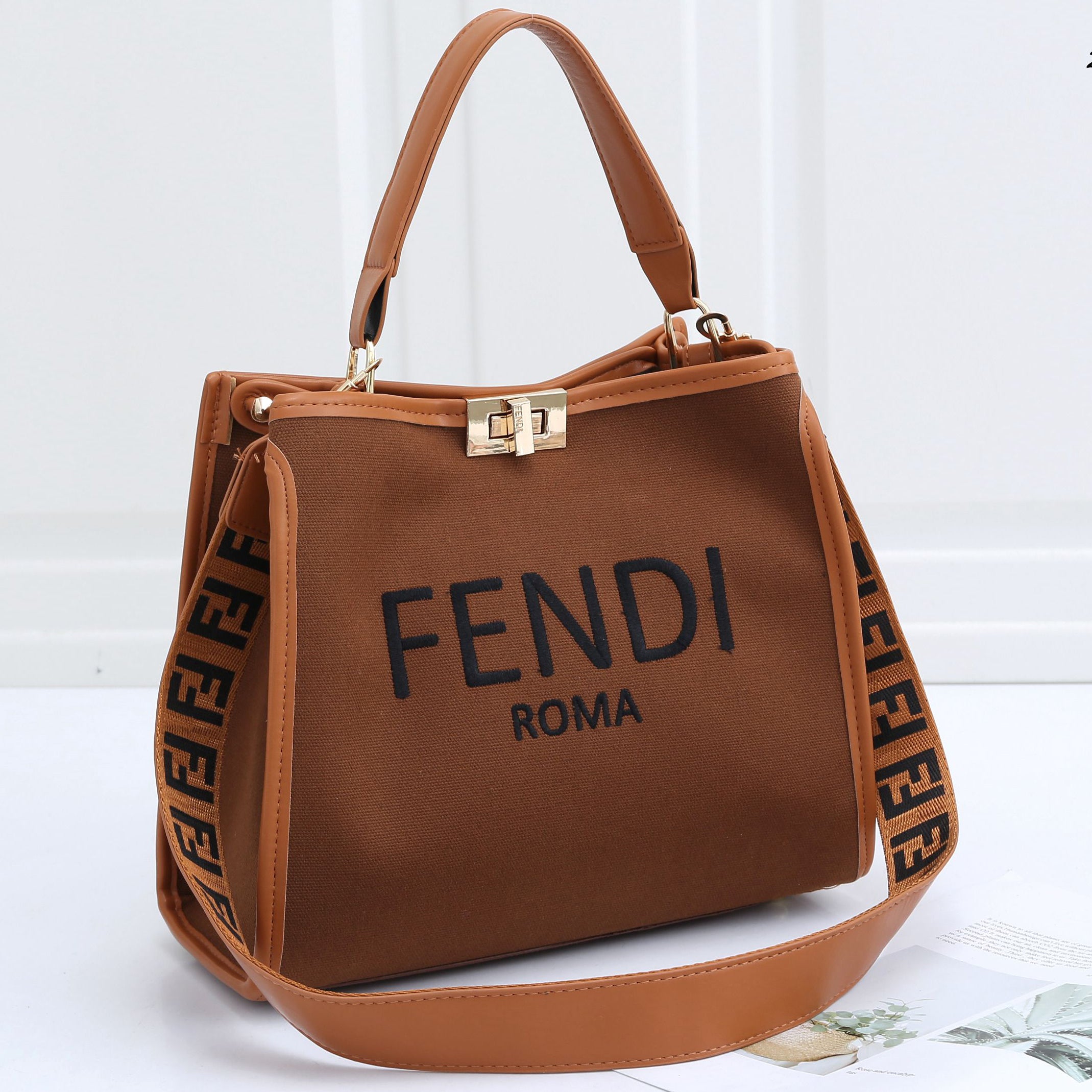 Fendi FF Fashion Classic Canvas Tote Bag Shoulder Bag Messenger Bag