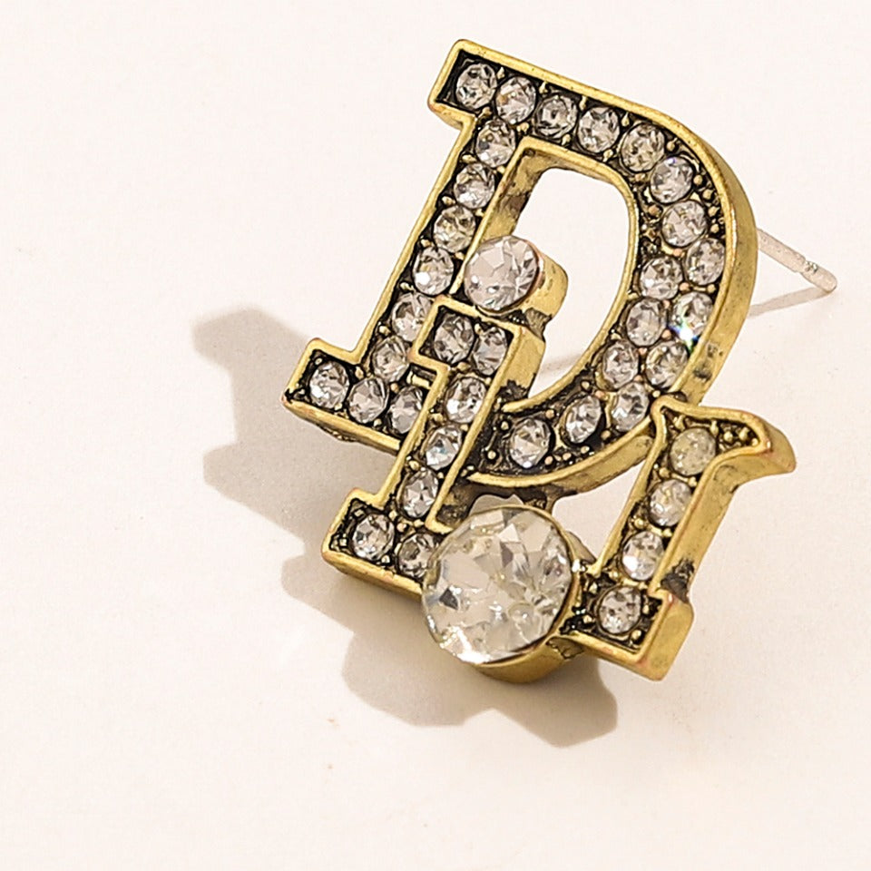 Christian Dior Fashion Ladies Diamond Alphabet Earrings Jewelry 