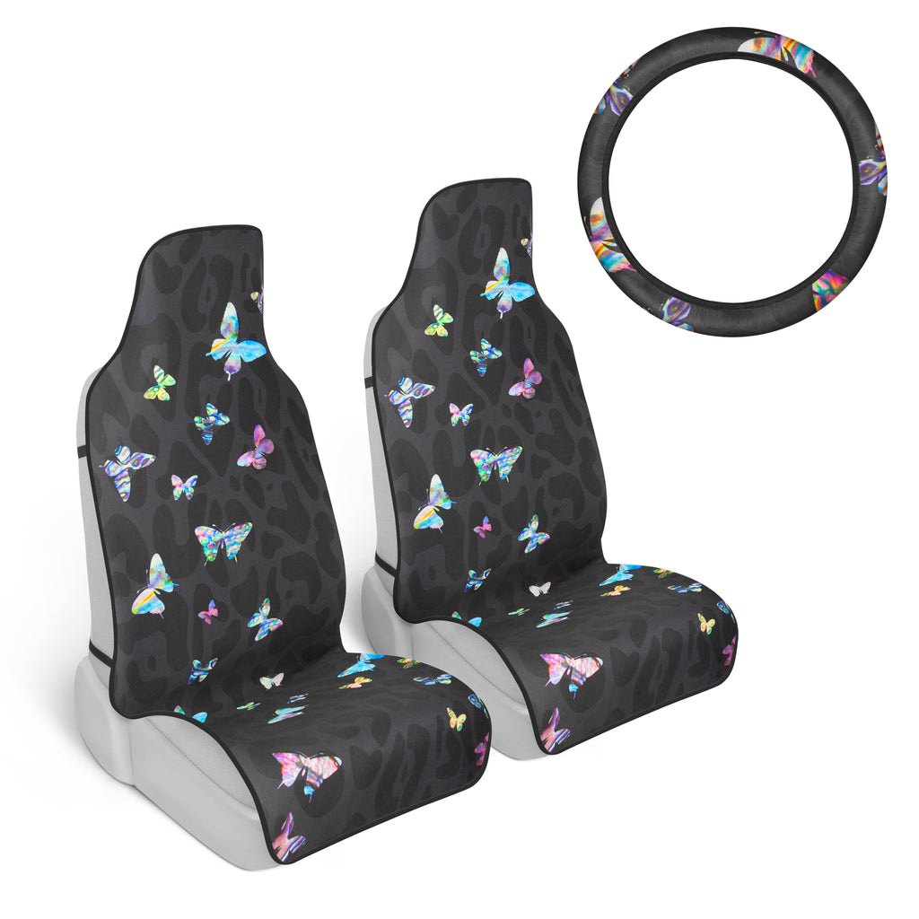 Black Leopard Print Butterfly Car Seat Covers for Women, 2 Pack with Steering Wheel Cover