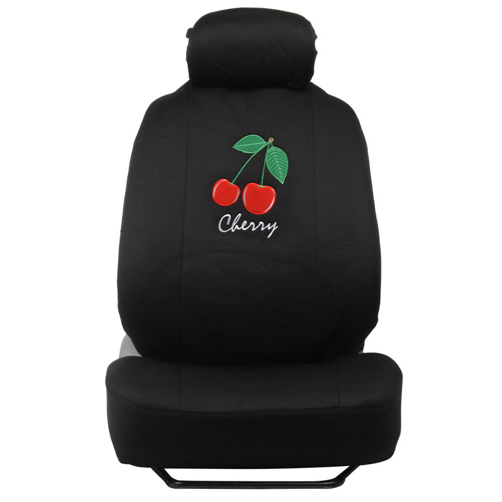 Embroidered Vintage Cherry Full Car Seat Covers Set for Front and Rear (9pc) - Black/ Red