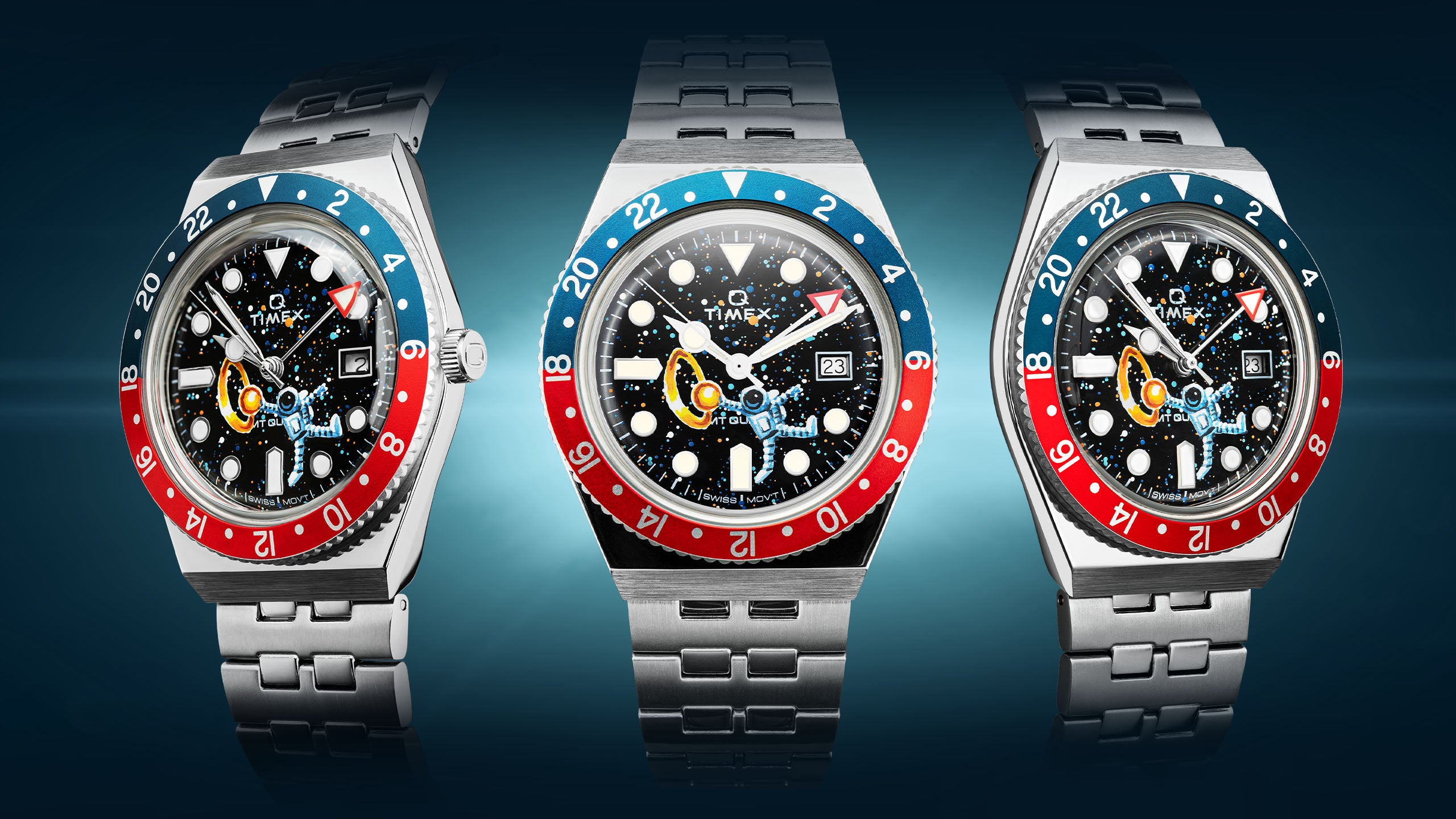 Customized Timex Q Space Dunk, featuring hand-painted astronaut artwork, based on Timex Q Diver GMT by IFL Watches.