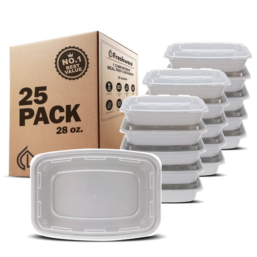 Restaurantware Asporto 32 Ounce 2-Compartment Meal Prep Containers, 100 BPA-Free Meal Prep Containers - Microwavable, Disposable, White Plastic