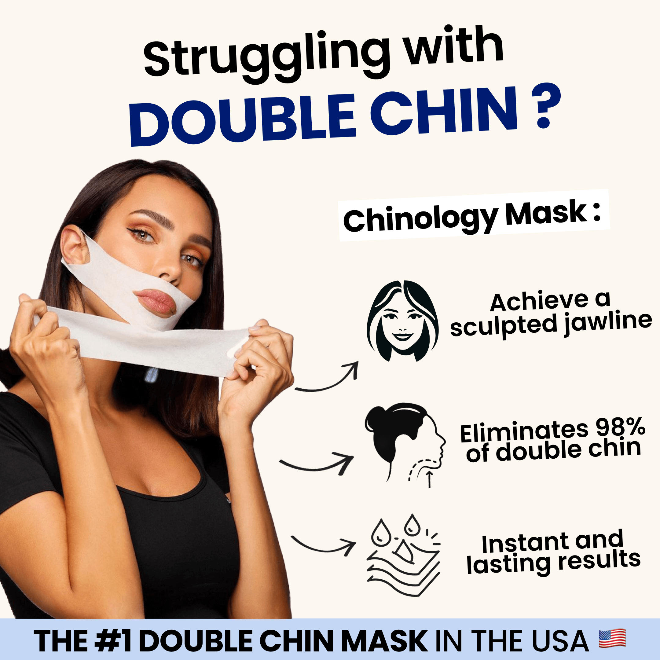 Woman applying double chin mask promoting jawline sculpting benefits.