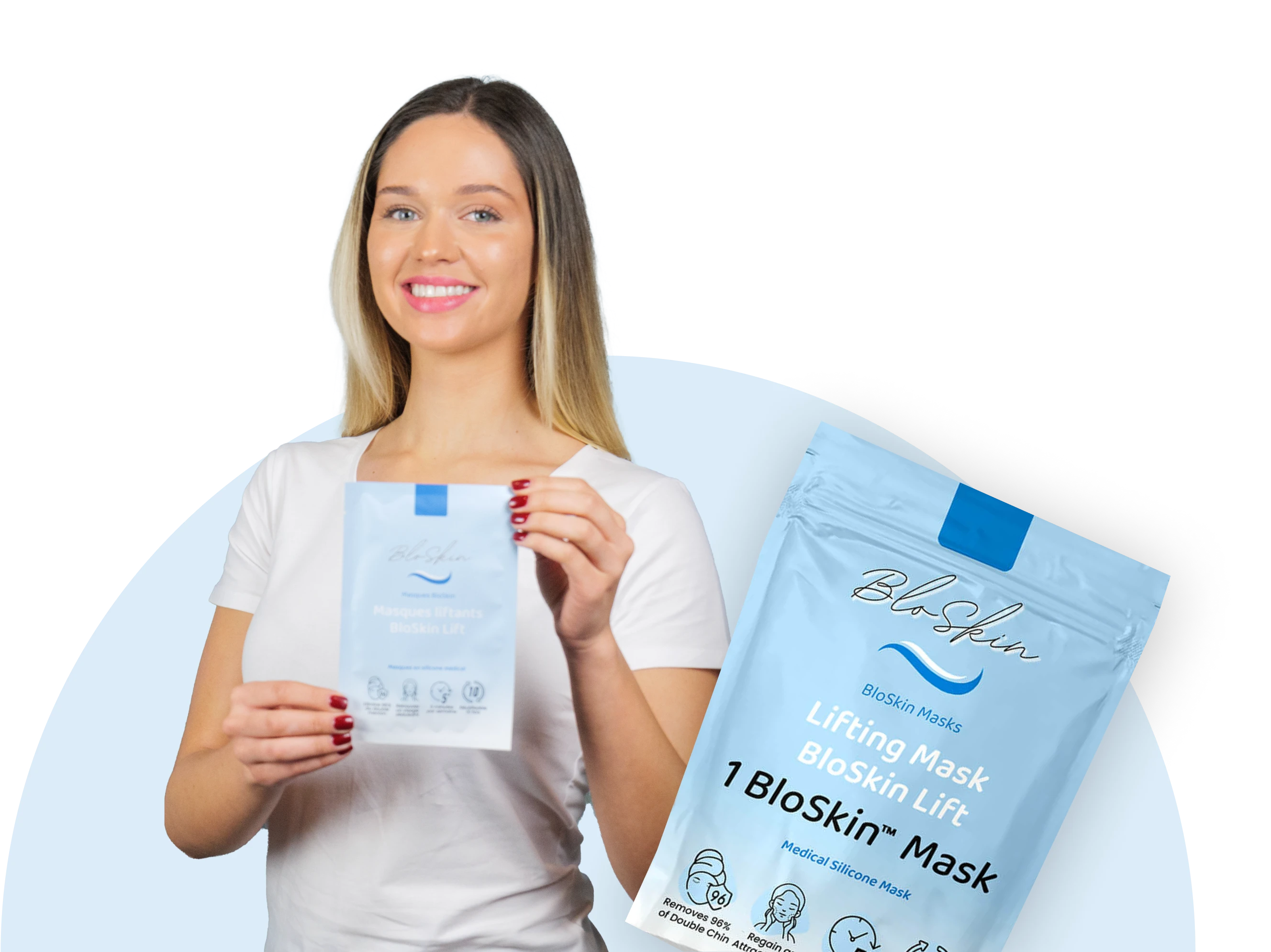 Woman holding BloSkin Lifting Mask packet, smiling in front of blue background.