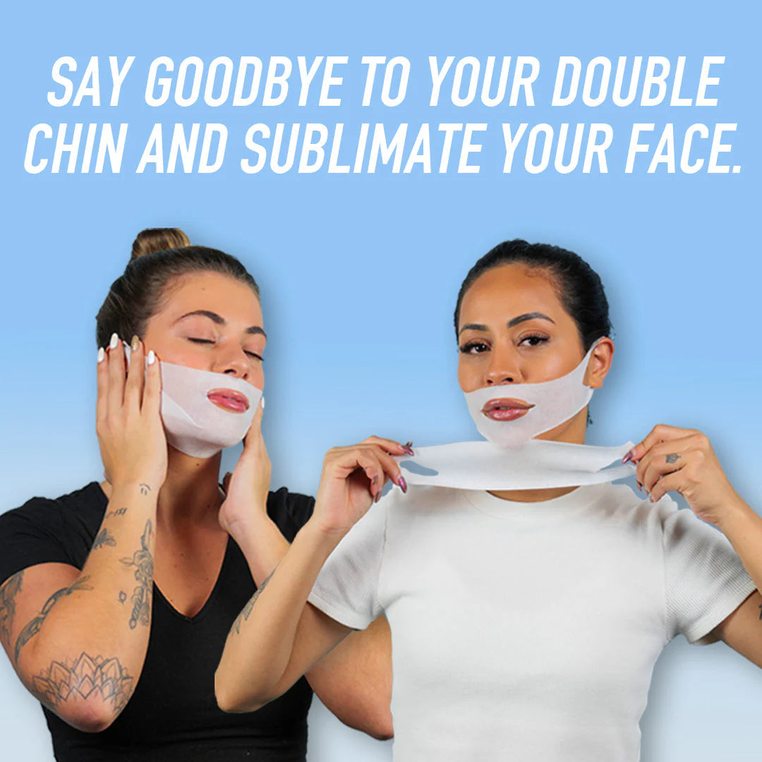 Two women use sheets to reduce double chin, with text promoting facial slimming product.