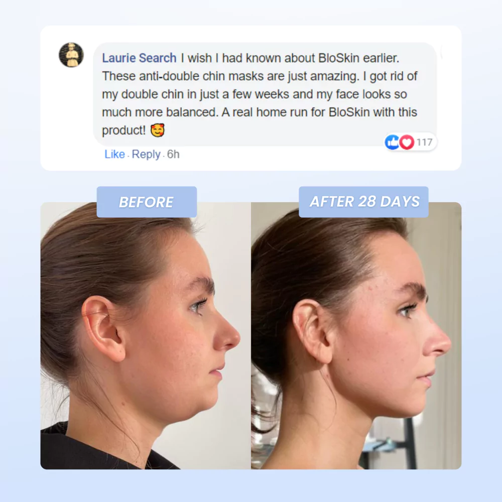 Profile comparison of a woman before and after using skincare products, with visible changes.