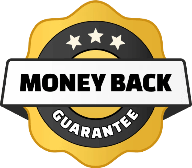 'Gold and black emblem with 'Money Back Guarantee' text.'