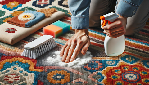 Mains nettoyant une tache provenant de l'urine de chat sur un tapis coloré avec du bicarbonate de soude