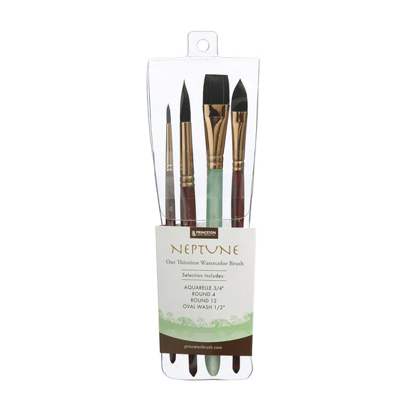 Princeton Artist Brush Neptune Series 4750 - 4-Piece Synthetic Squirrel  Watercolor Paint Brush Set- Includes Aquarelle ¾” Oval Wash ½ & 2 Round