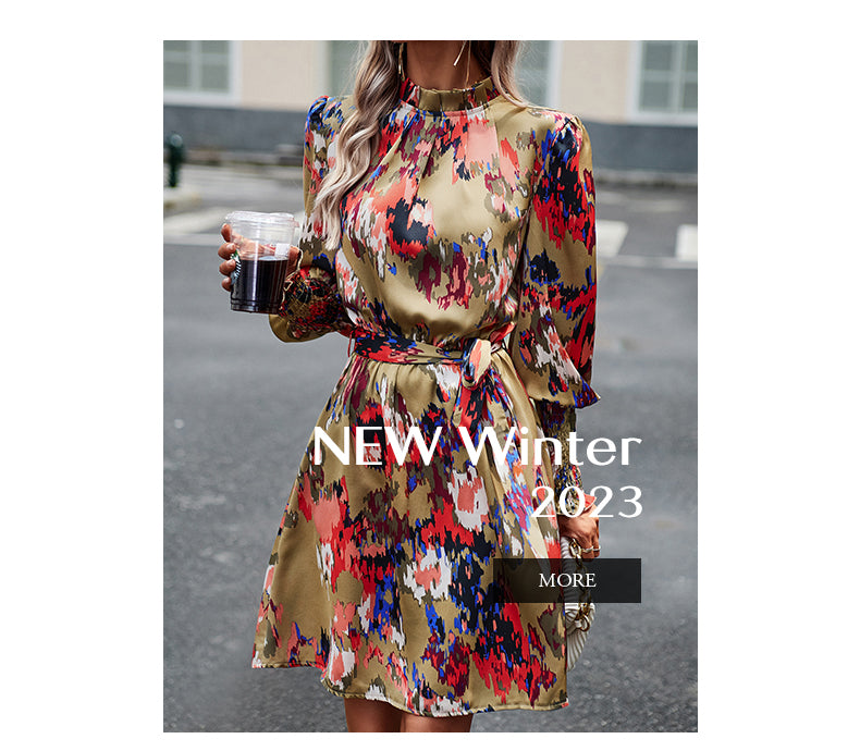 Women's High Neck Long Sleeve Floral Midi Dress Formal GFIT0