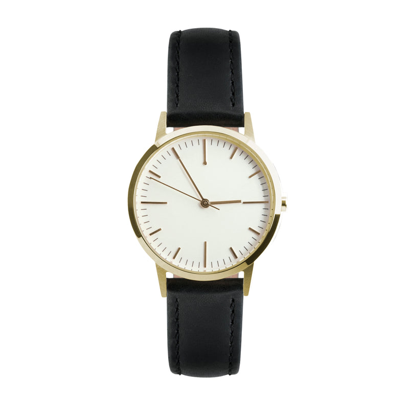 Ladies Gold Watch & Black Leather - 30mm Small Dial Women's | fte