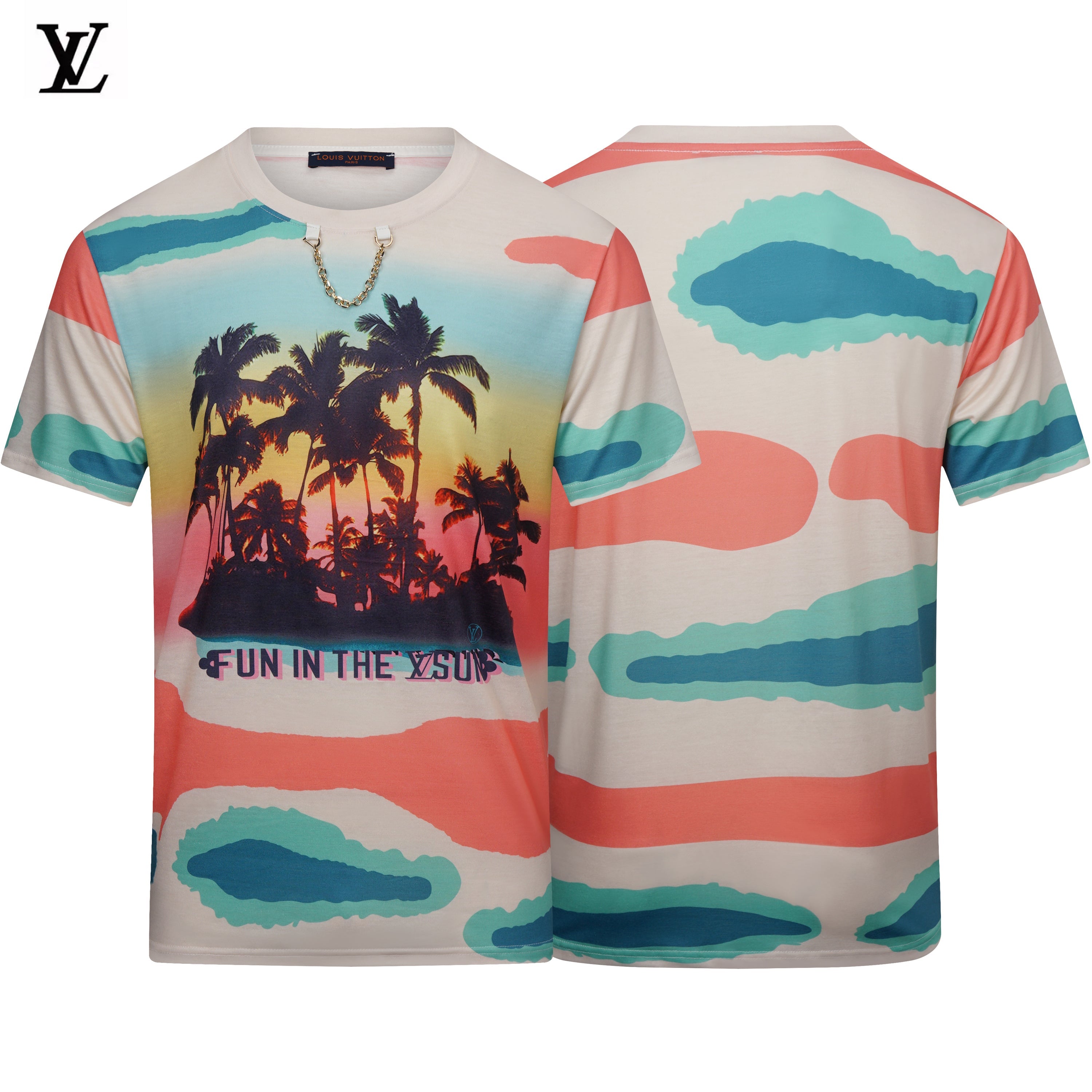 LV Louis Vuitton LV sunset coconut tree print chain-embellished short-sleeved T-shirt