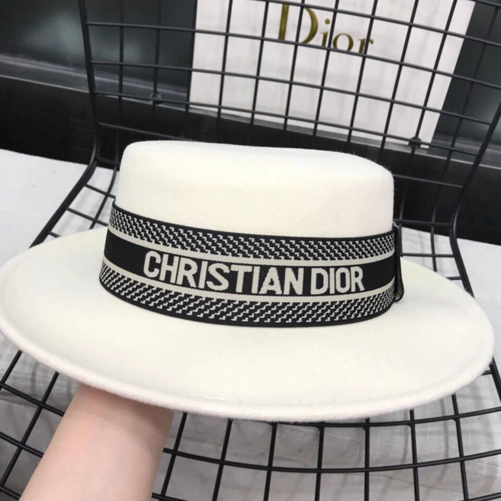 Christian Dior color matching letter printed wool flat top wide hat