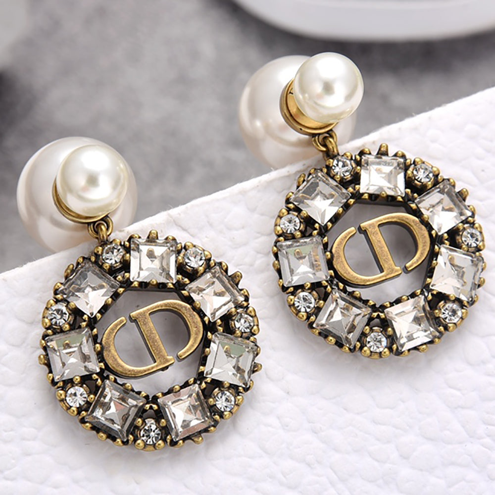 Christian Dior CD Diamond Stud Earrings Pearl Women's Style 