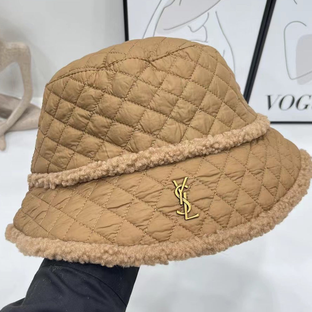 YSL Yves Saint Laurent Gold Letter Logo Women's Men's Plush Bucket Hat Cap