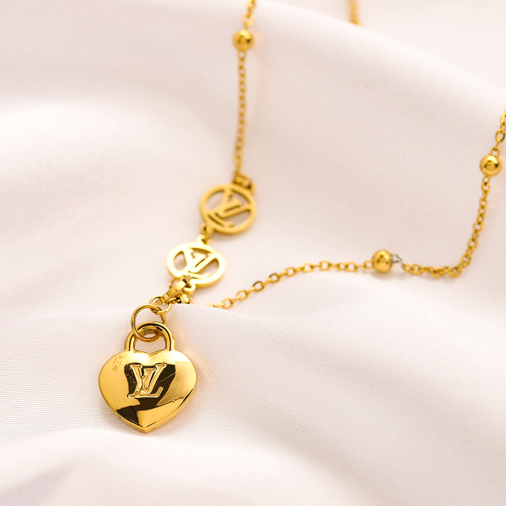 LV Louis Vuitton Heart Engraved Letter Couple Necklace