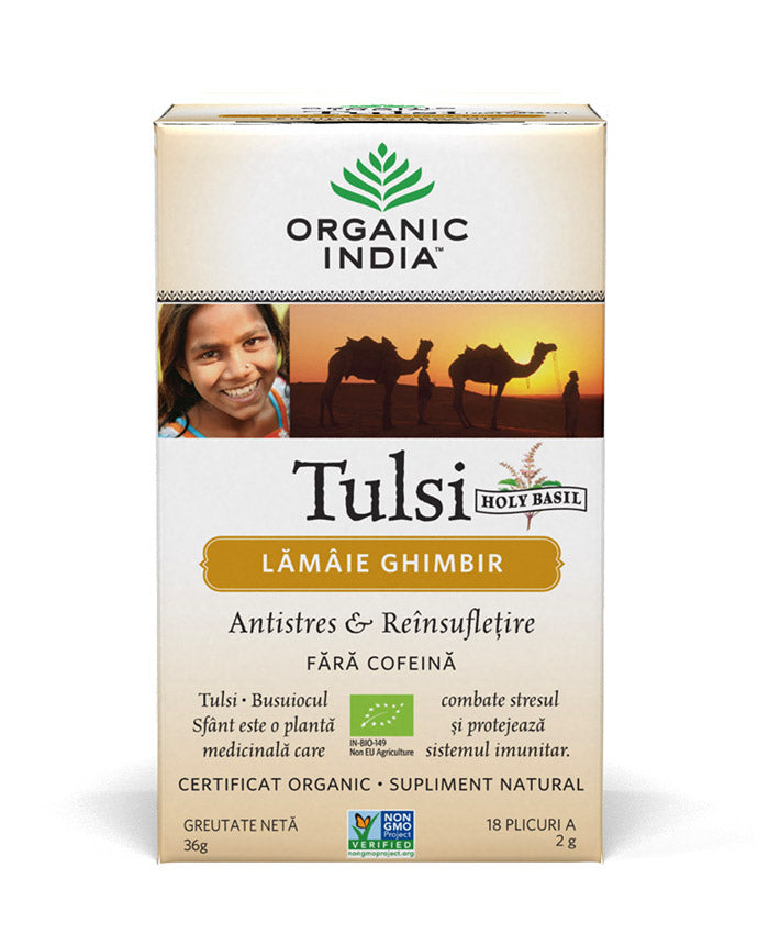 Ceai tulsi (busuioc sfant) cu lamaie si ghimbir - antistres natural & reinsufletire, plicuri