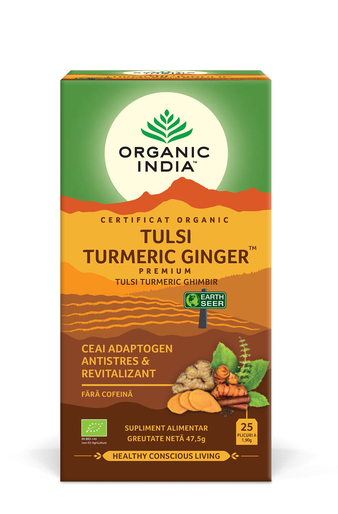 Ceai adaptogen turmeric si ghimbir, bio, 25 plicuri, organic india