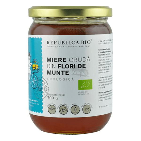 Miere ecologica poliflora cruda din flori de munte, 700g, republica bio