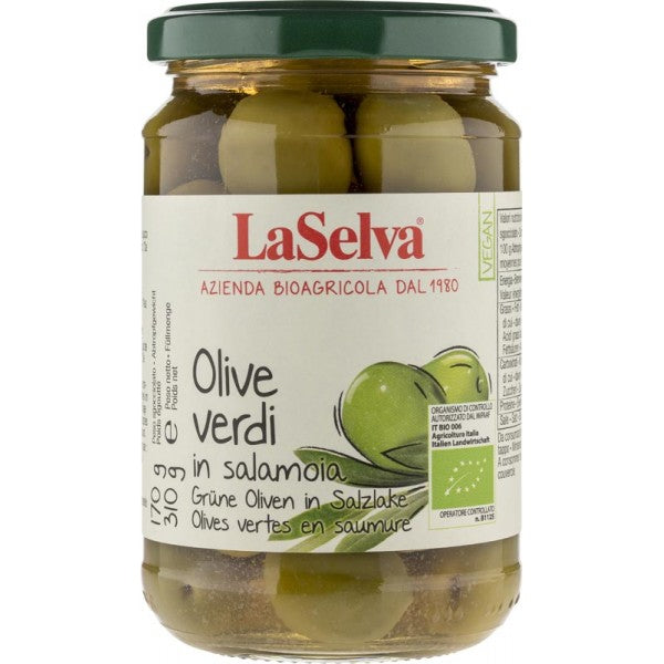 Masline verzi bio cu samburi in saramura, 310g, laselva